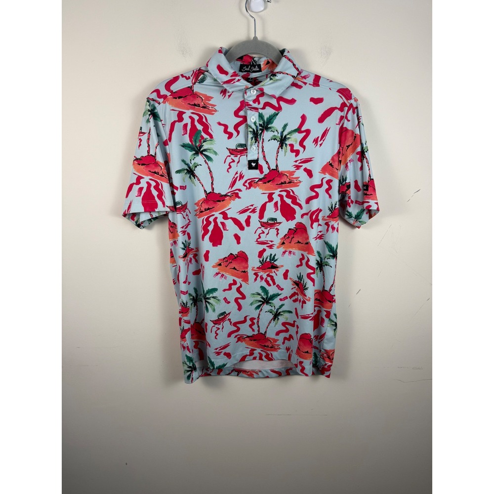 Bad Birdie Mens Golf‎ Polo Shirt Small Blue Tropical Island Palm Tree Print S